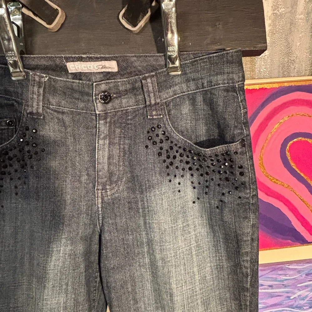 Chico's Size 0 Gray Studded Straight Leg Jeans